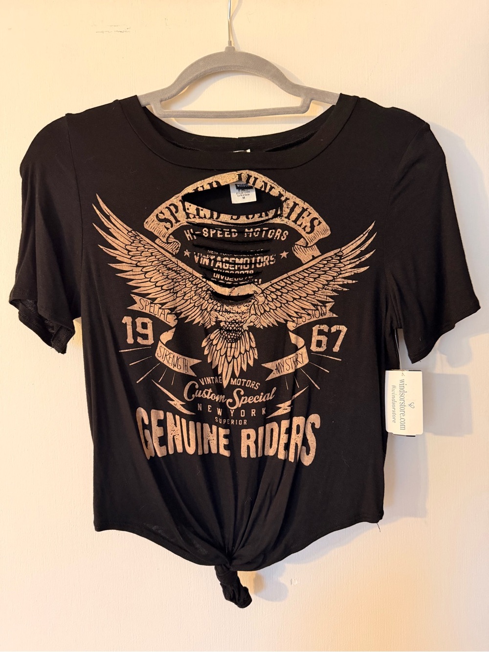 Windsor Black Graphic Knot-Front Crop Tee